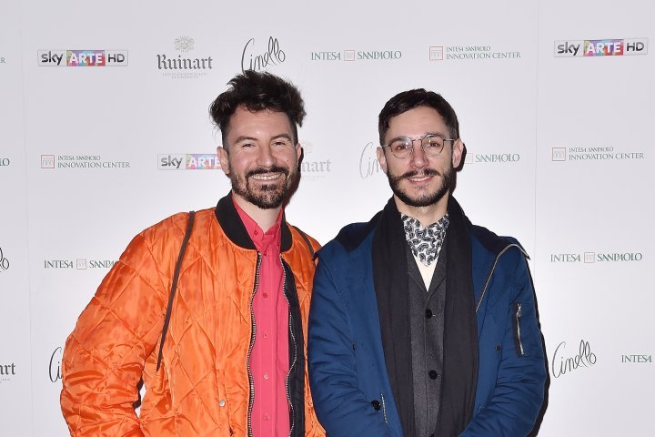 MILAN, ITALY - APRIL 11:  Matteo Bergamini and Mattia Solari attend Save The Artistic Heritage - Vernissage Cocktail on April 11, 2018 in Milan, Italy. 