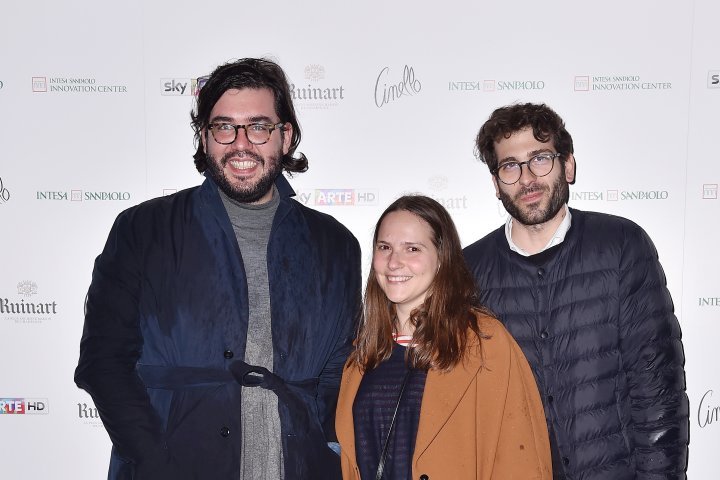 MILAN, ITALY - APRIL 11:  Alberto Zenere, Gloria De Risi and Alessio Baldister attend Save The Artistic Heritage - Vernissage Cocktail on April 11, 2018 in Milan, Italy. 
