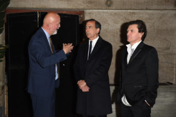 MILAN, ITALY - APRIL 11:  Carlo Francini, Giuseppe Sala and Mario Cristiani attend Save The Artistic Heritage - Vernissage Cocktail on April 11, 2018 in Milan, Italy.  (Photo by Stefania M. D'Alessandro/Getty Images for Cinello) *** Local Caption *** Carlo Francini;Giuseppe Sala;Mario Cristiani
