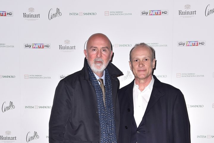 MILAN, ITALY - APRIL 11:  (L-R) Carlo Francini and Franco Losi attend Save The Artistic Heritage - Vernissage Cocktail on April 11, 2018 in Milan, Italy. 